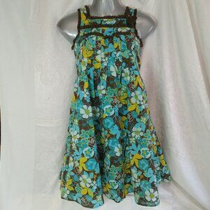 Girls Size 8 Floral Dress Cotton Blue Brown Cotton Y2K C & A Fit & Flare Flower